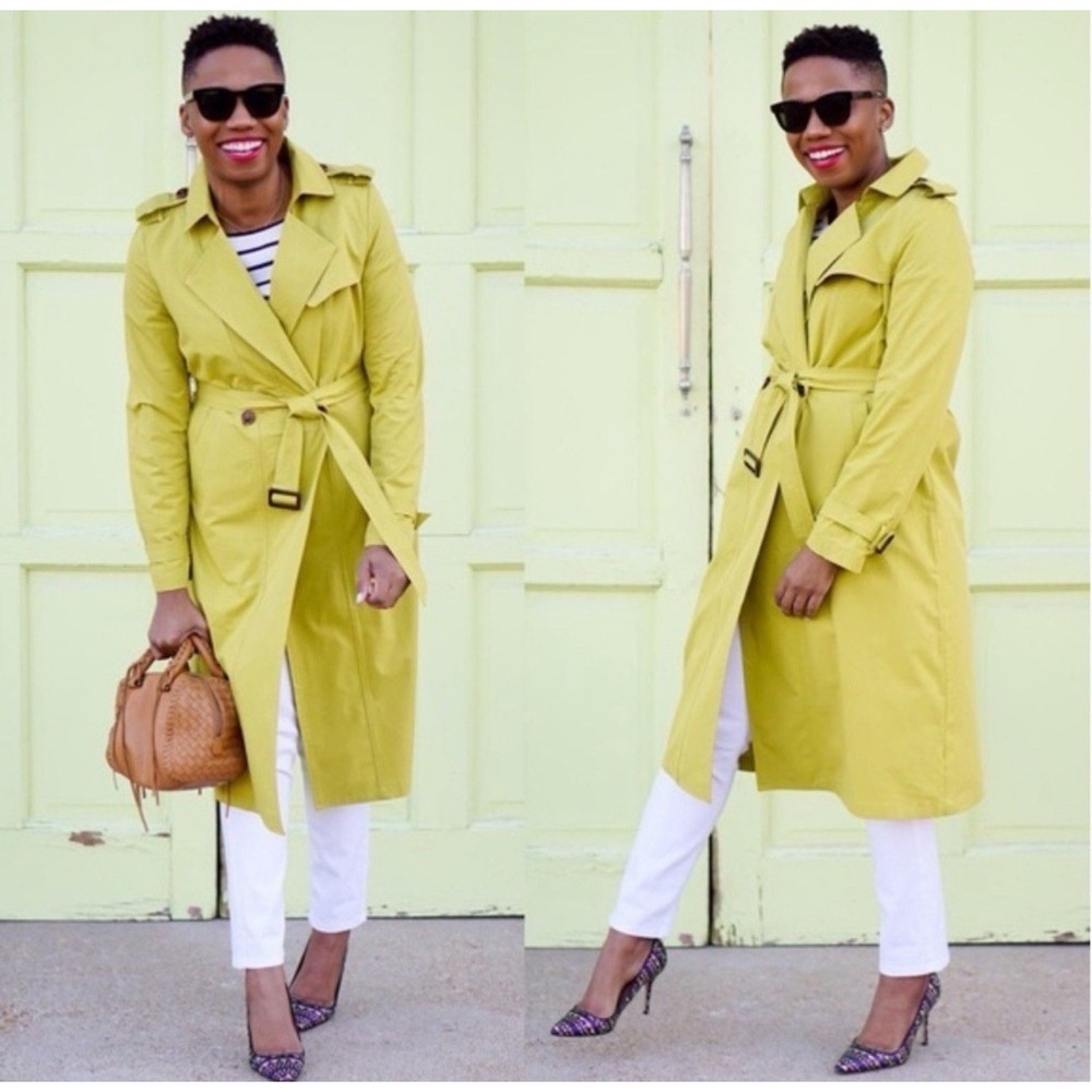 Soft Surroundings Chartreuse Trench Coat  2XL Belt Long Jacket Lightweight Work‎
